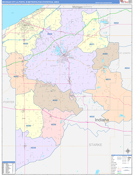 Michigan City-La Porte Metro Area Wall Map Color Cast Style